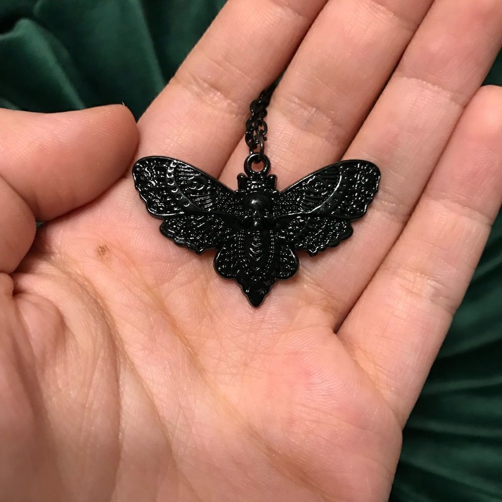 Gothic Death Moth Necklace Black, Engraved detailing, easy clasp size OS - Picture 4 of 6